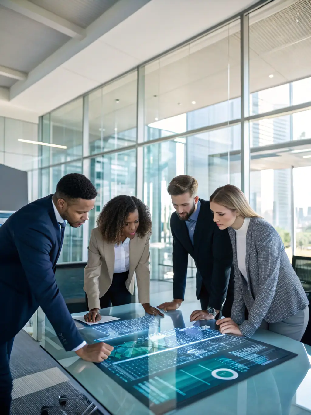 A high-resolution image showing a team of consultants analyzing data on holographic displays, representing the strategic planning involved in AI readiness. The image should have a dark mode aesthetic with deep purple and neon green accents.