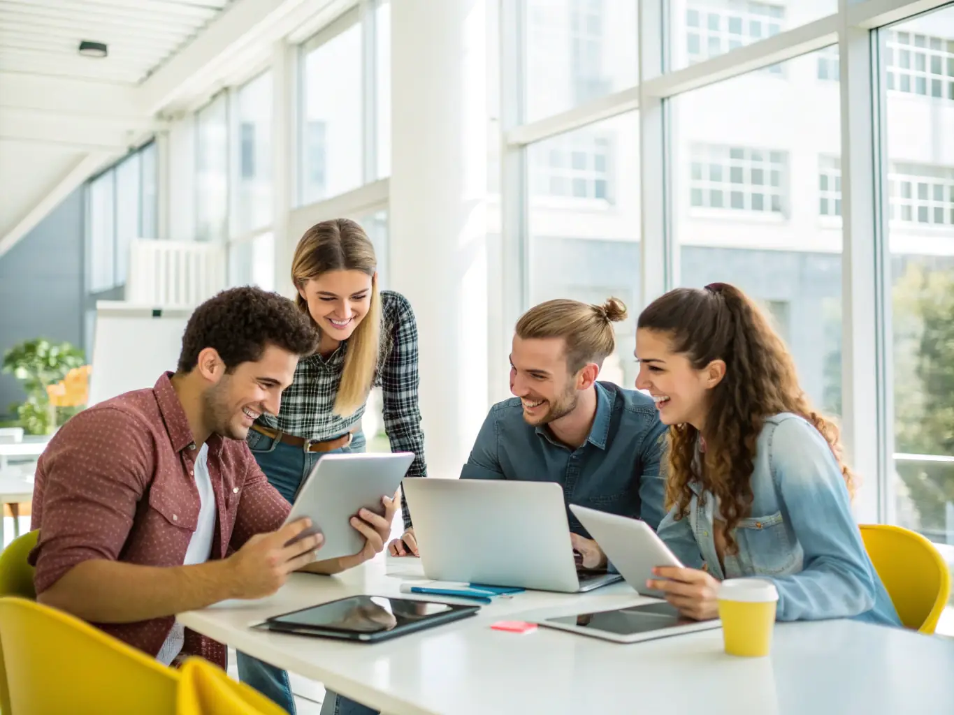 A team of consultants collaborating on a project timeline, using digital tools and project management software, in a transparent and collaborative workspace.
