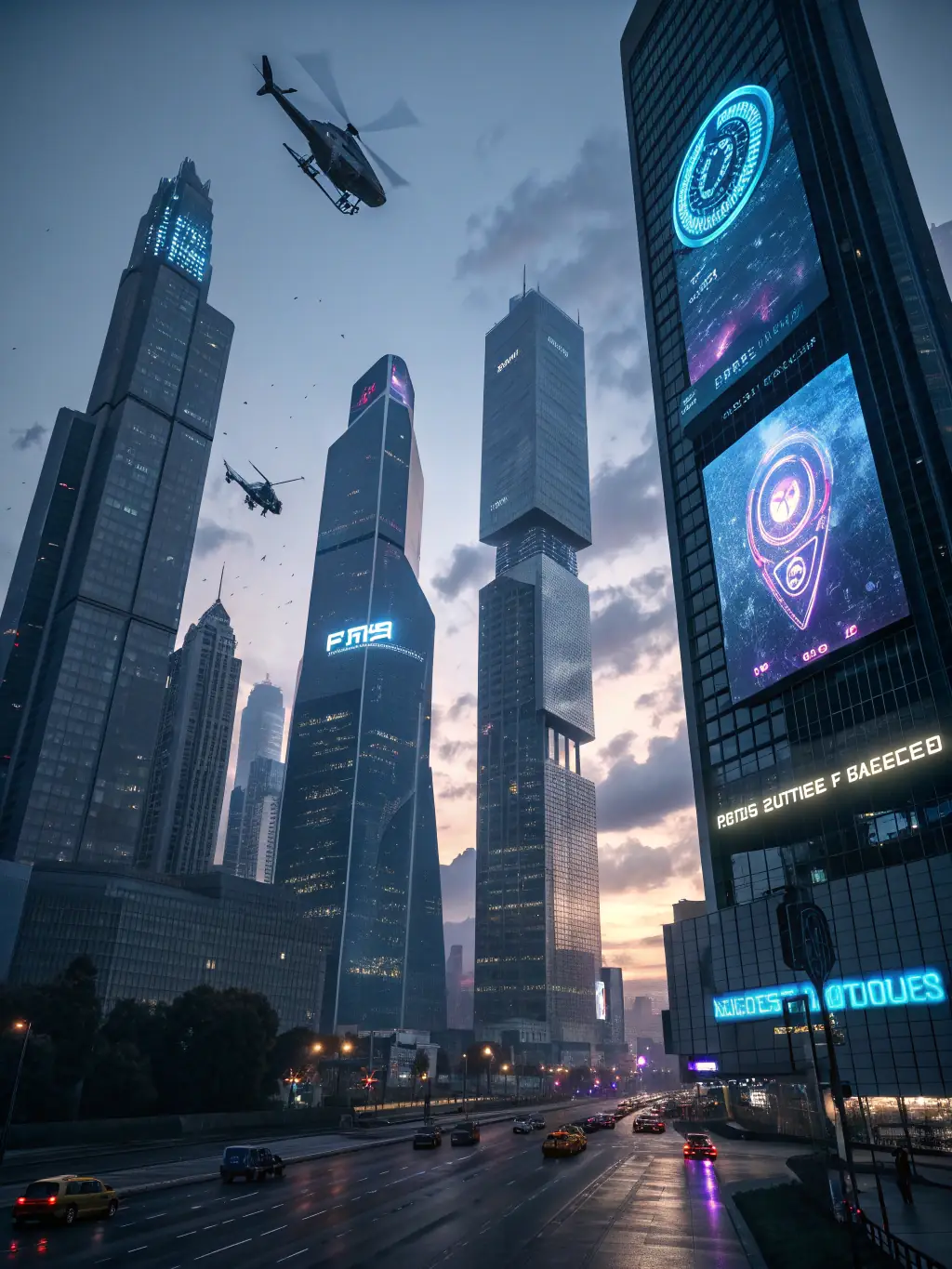 A high-resolution image depicting a winding road leading to a futuristic cityscape filled with glowing AI interfaces, symbolizing the journey to AI readiness. The image should have a dark mode aesthetic with deep purple and neon green accents.