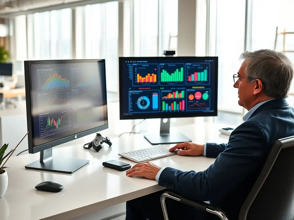 A professional in a suit is analyzing a software selection dashboard on a large monitor, with data visualizations and key performance indicators highlighted, in a modern office setting.