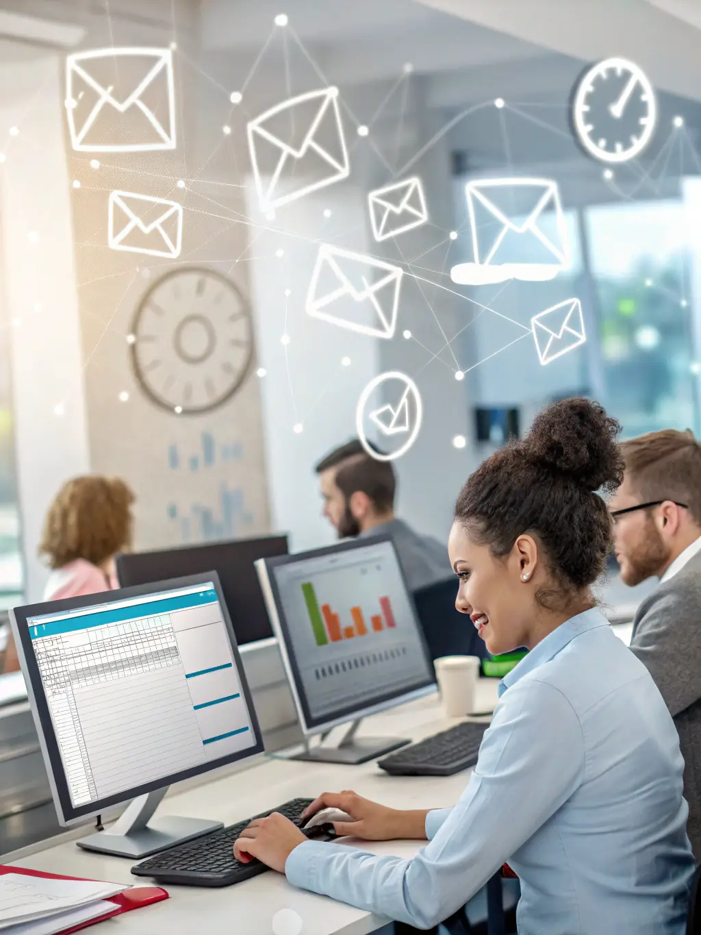 A high-resolution image illustrating the implementation of AI solutions in a modern office environment, showcasing the practical application of AI technologies. The image should have a dark mode aesthetic with deep purple and neon green accents.