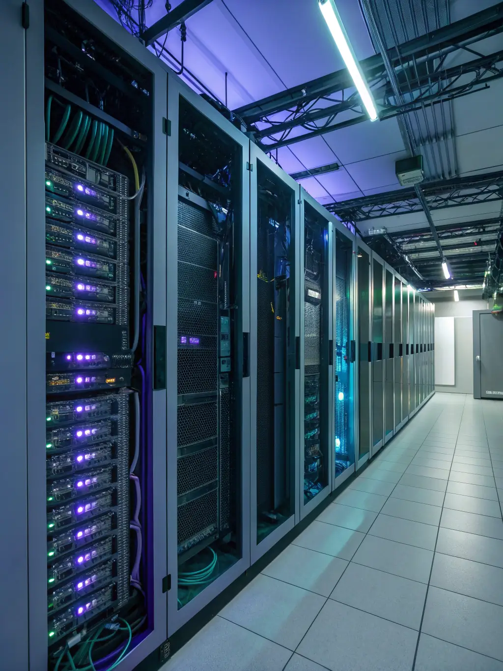 A high-resolution image depicting a secure data center with glowing servers, symbolizing the importance of data governance and security in AI readiness. The image should have a dark mode aesthetic with deep purple and neon green accents.